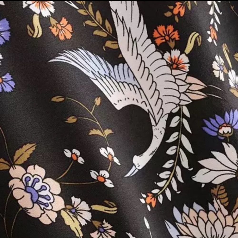 Boho Floral Crane Gypsy Print Dress Black Orange - Picture 9 of 13